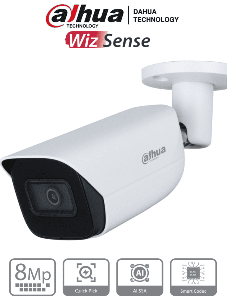 DAHUA IPC-HFW3841E-AS-S2 - Camara IP Bullet de 8 Megapixeles con IA/ WizSense/ Lente de 2.8 mm/ 107 Grados de Apertura/ H.265+/ Microfono Integrado/ 1 E&S de Alarma y Audio/ SMD 4.0/ WDR Real/ Quick Pick AI SSA/ PoE/ IP67/ DAHUA IPC-HFW3841E-AS-S2 - Camara IP Bullet de 8 Megapixeles con IA/ WizSense/ Lente de 2.8 mm/ 107 Grados de Apertura/ H.265+/ Microfono Integrado/ 1 E&S de Alarma y Audio/ SMD 4.0/ WDR Real/ Quick Pick AI SSA/ PoE/ IP67/